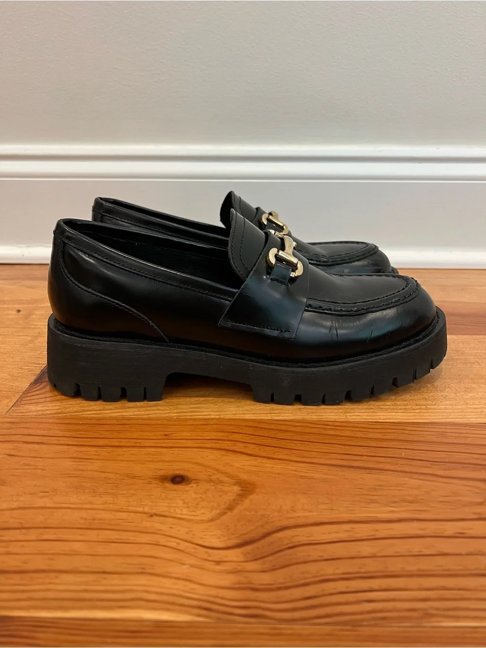Steve Madden Lando Shoes Womens 8M Black Leather Chunky Lug Horsebit Loafers NEW